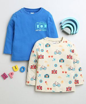 BUMZEE Cotton Pack Of 2 Full Sleeves Camera & Cycle Printed Tees - Beige & Royal Blue