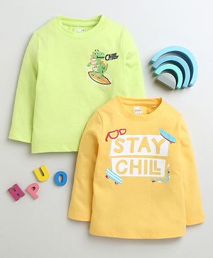BUMZEE Cotton Pack Of 2 Full Sleeves Dinosaur & Stay Chill Text Printed Tees - Yellow & Lime Green