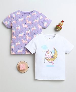 BUMZEE Cotton Pack Of 2 Half Sleeves Unicorns Printed Tees - White & Lavender