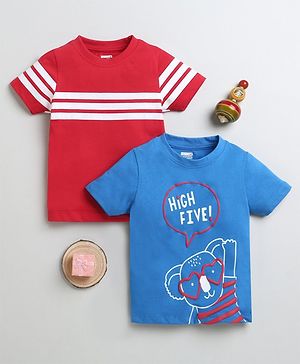 BUMZEE Cotton Pack Of 2 Half Sleeves Striped & High Five Text Printed Tees - Blue & Red