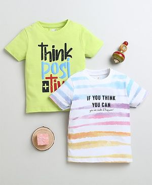 BUMZEE Cotton Pack Of 2 Half Sleeves If You Think You Can Text Printed Tees - Green & White