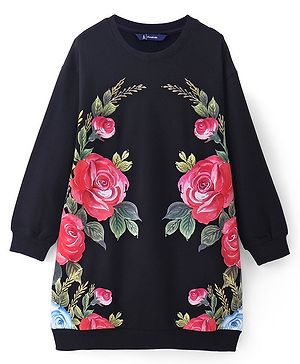 Pine Kids Cotton Knit Full Drop Shoulder Sleeves  Sweatshirt Dress With Floral Print - Black