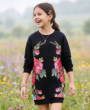 Pine Kids Cotton Knit Full Drop Shoulder Sleeves  Sweatshirt Dress With Floral Print - Black