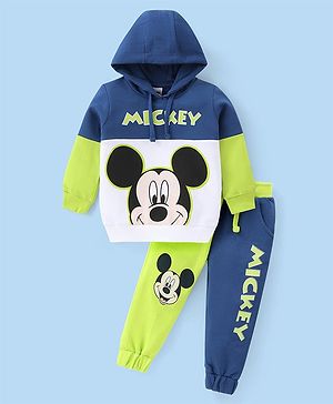 Babyhug Disney Cotton Knit Full Sleeves Hooded Sweatshirt & Lounge Pants Cut & Sew Set With Mickey Mouse Graphics - Navy & Lime Green