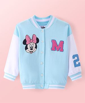 Babyhug Disney Terry Knit Full Sleeves Bomber Jacket with Minnie Mouse Graphics & Embroidery Detailing - Light Blue