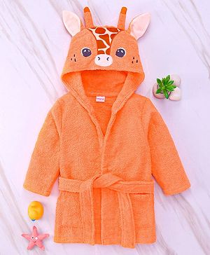 Babyhug Cotton Woven Full Sleeves Hooded Bath Robe With Giraffe Applique - Orange