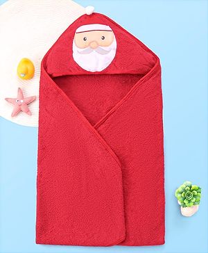 Babyhug Cotton Woven Hooded Towel With Santa Patch Embroidery 72 x B 72 cm - Red
