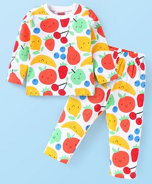 Babyhug Cotton Knit Full Sleeves Night Suit Fruits Print -  White