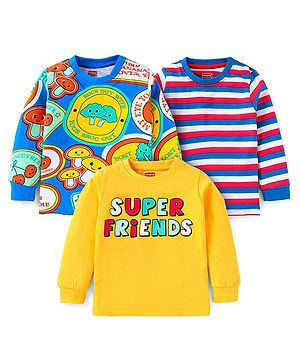 Babyhug Cotton Knit Full Sleeves T-Shirts with Stripes &    Text Graphics Pack of 3 - Blue & Yellow