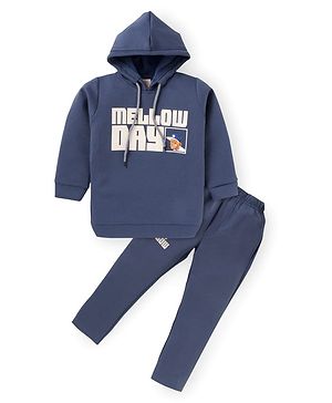 Rikidoos Full Sleeves Typography Printed Hooded Sweatshirt With Coordinating Joggers Set - Navy Blue