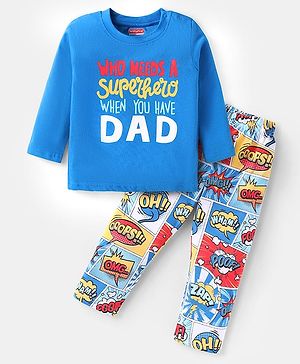 Babyhug Cotton Knit Full Sleeves Night Suit With Text Print - Blue