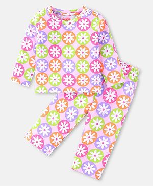 Babyhug Cotton Knit Full Sleeves Night Suit with Floral Print - Pink
