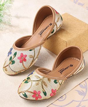 Cute Walk by Babyhug Mojaris with Floral Embroidery - Beige