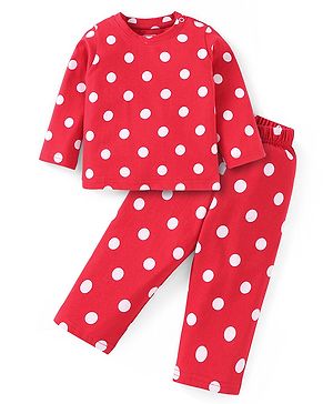 Babyhug Cotton Knit Full Sleeves Night Suit With Polka Dots Print - Red