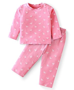 Babyhug Cotton Knit Full Sleeves Night Suit Set with Butterfly Print - Pink