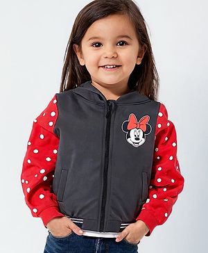 Babyhug Disney Terry Knit Hooded Sweatjacket With Minnie Mouse Front & Back Graphics &  Bow Applique - Red & Black