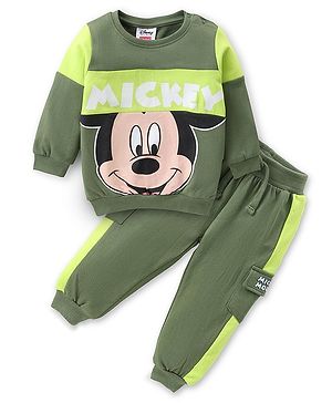 Babyhug Disney Cotton Knit Full Sleeves Sweatshirt & Lounge Pants Set With Front & Back Mickey Mouse Graphics - Green