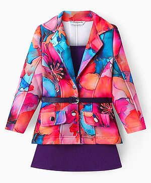 Ollington St.Scuba Knit FloralPrinted Full Sleeves Jacket & Rib Sleeveless Dress- Purple & Red