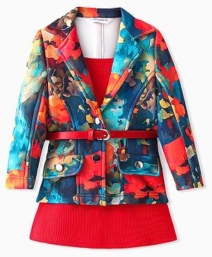 Ollington St.Scuba Knit FloralPrinted Full Sleeves Jacket & Rib Sleeveless Dress- Red & Blue