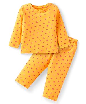 Babyhug Cotton Knit Full Sleeves Night Suit with Hearts Print - Yellow