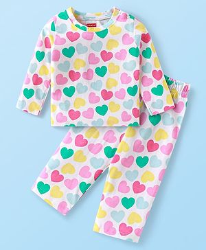 Babyhug Cotton Knit Full Sleeves Night Suit Set with Heart Print - White