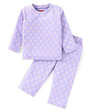 Babyhug Cotton Knit Full Sleeves Floral Printed Night Suit - Purple