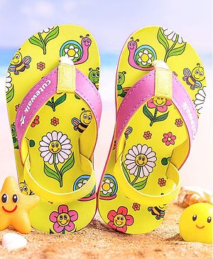 Cute Walk by Babyhug Slip on Flip Flops with Back Strap & Floral Print - Limegreen