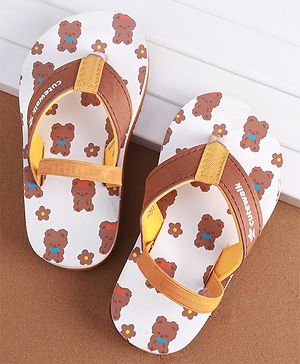 Cute Walk by Babyhug Slip on Flip Flops with Back Strap & Teddy Bear Print - Light Brown & White