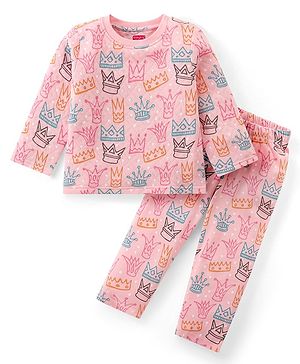 Babyhug Knit Full Sleeves Winter Night Suit Crown Print - Pink