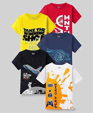 KUCHIPOO Pack Of 5 Half Sleeves Cars & Space Printed Tees - Red Yellow Black Blue & White