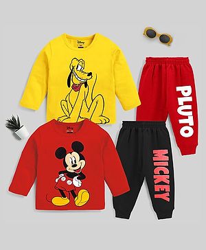 KUCHIPOO Pack of 2 Full Sleeves Disney Featuring Mickey & Pluto Printed Tees & Pajamas Sets - Red & Yellow