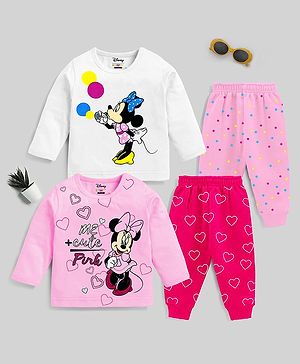 KUCHIPOO Pack of 2 Full Sleeves Disney Featuring Minnie & Polka Dots Printed Tees & Pajamas Sets - White & Pink