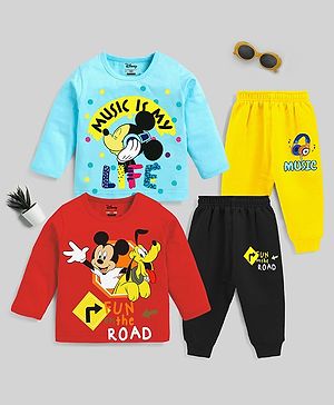 KUCHIPOO Pack of 2 Full Sleeves Disney Featuring Mickey & Pluto Printed Tees & Pajamas Sets - Red Blue Black & Yellow