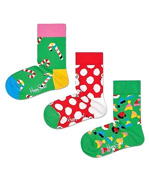 HAPPY SOCKS Pack Of 3 Organic Cotton Blend Polka Dots & Caps Printed Socks - Multi Colour