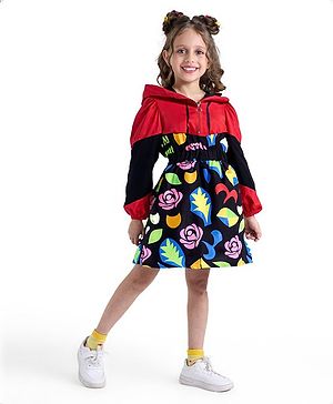 Ollington St. Looper Knit Full Sleeves Floral Printed Hooded Frock With Colour Block Design - Red