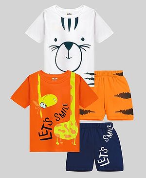 KUCHIPOO Pack Of 2 Half Sleeves Animals Printed Tees & Shorts Sets - Orange White & Blue