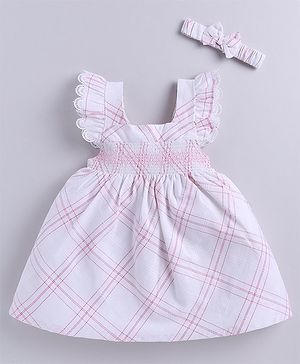 Snuggly MONKEY Poplin Frill Sleeves Checked Smocked Dress With Coordinating Headband - White & Red