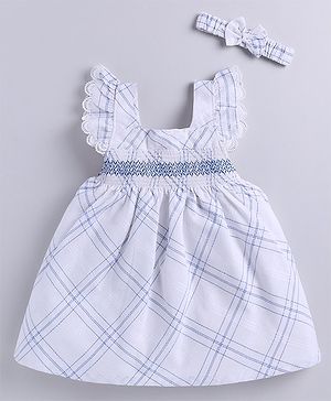 Snuggly MONKEY Poplin Frill Sleeves Checked Smocked Dress With Coordinating Headband - White & Blue