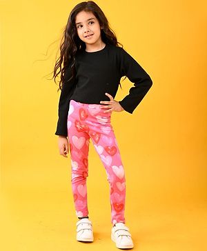 Anthrilo Full Sleeves Solid Top With Hearts Printed Leggings Set - Black & Pink