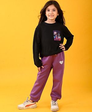 Anthrilo Full Sleeves Space Theme Printed Tee With Fleece Heart Patch Detailed Joggers Set - Black & Purple