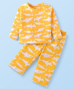 Babyhug Cotton Knit Full Sleeves Night Suit Set with Fish Print - Yellow