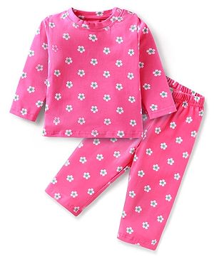 Babyhug Cotton Knit Full Sleeves Night Suit with Floral Print - Dark Pink