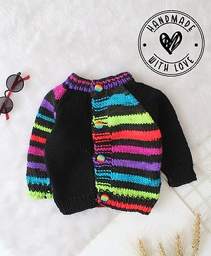 Woonie Full Sleeves Handknitted Striped Sweater - Black