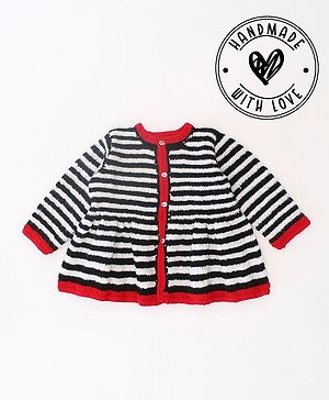 Woonie Full Sleeves Crochet Striped Cardigan - Black