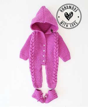 Woonie Hand Knitted Full Sleeves Cable Designed Hooded Jumpsuit With Coordinating Socks - Purple