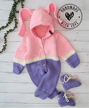 Woonie Hand Knitted Full Sleeves Big Ear Designed Colour Blocked Hooded Jumpsuit With Coordinating Socks - Pink