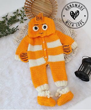 Woonie Full Sleeves Crochet Fish Designed Hooded Jumpsuit With Coordinating Booties - Orange