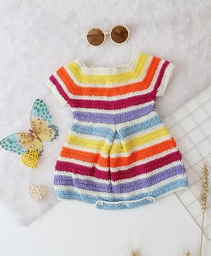 Woonie Short Sleeves Crochet Striped Onesie - Multi Colour