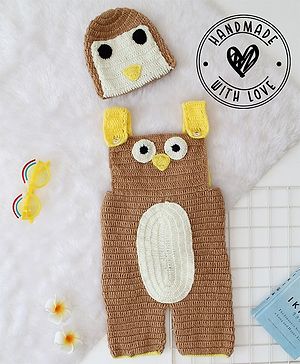 Woonie Sleeveless Crochet Owl Designed Dungaree With Cap - Beige