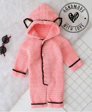 Woonie Full Sleeves Crochet Self & Animal Designed Hooded Jumpsuit - Peach